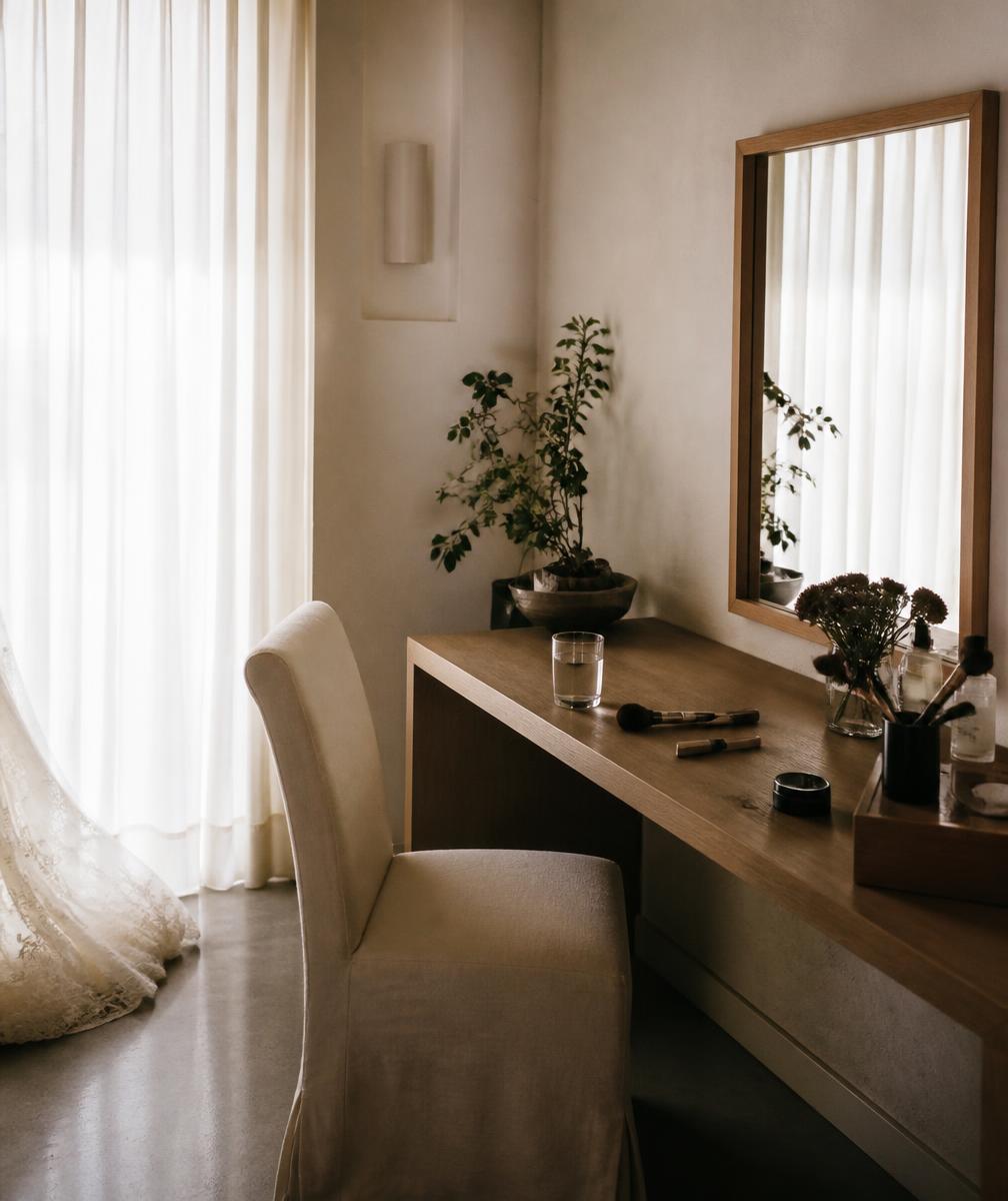 Calm bridal studio interior with soft daylight
